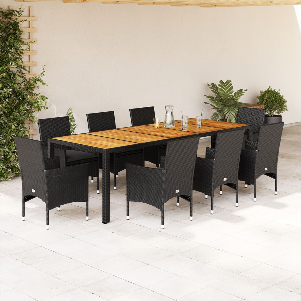 Vetonek Set de comedor jardín 9 pzas con cojines ratán PE acacia negro