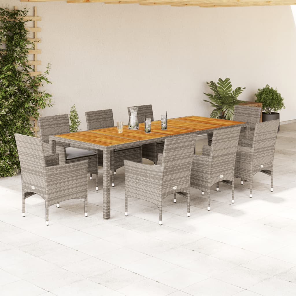 Vetonek Set de comedor jardín 9 pzas con cojines ratán PE acacia gris