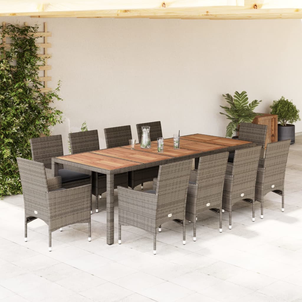 Vetonek Set comedor jardín 11 pzas cojines ratán sintético acacia gris