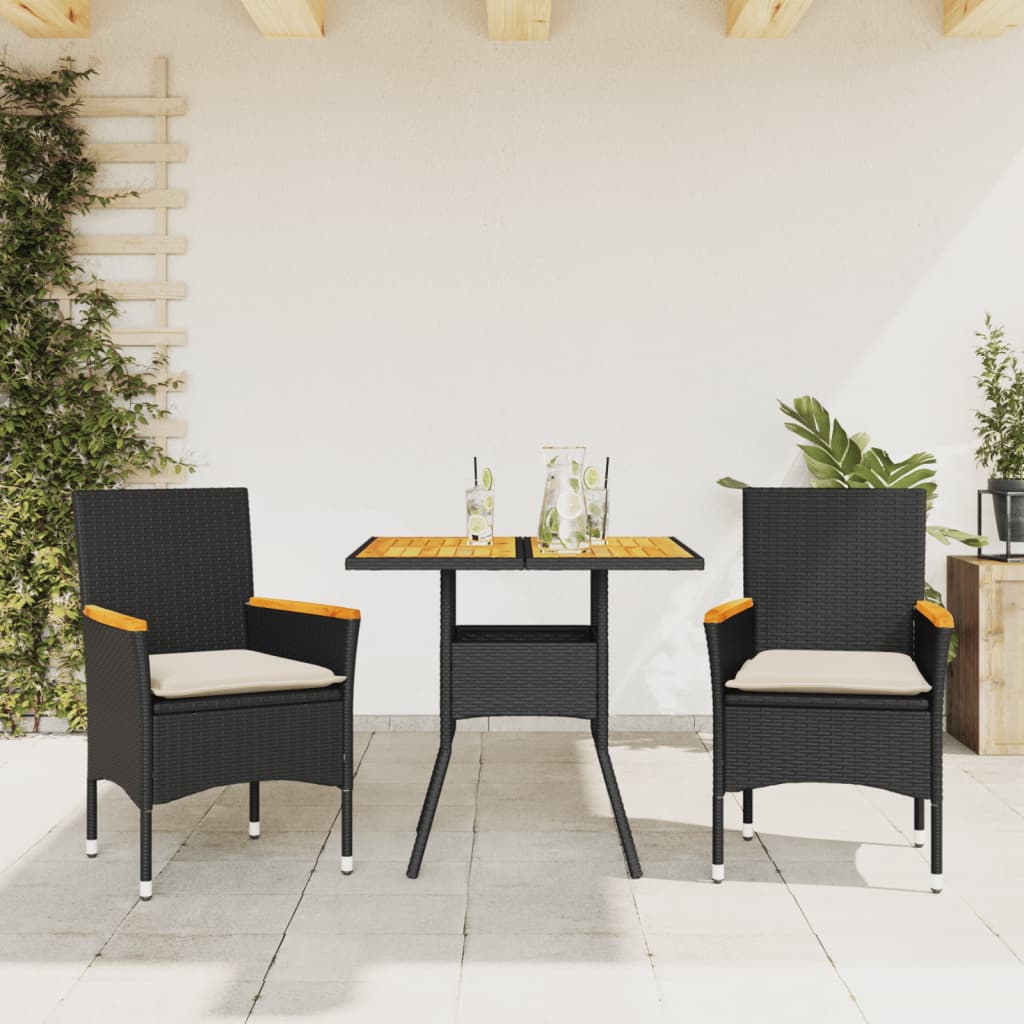 Vetonek Set de comedor jardín 3 pzas con cojines ratán PE acacia negro