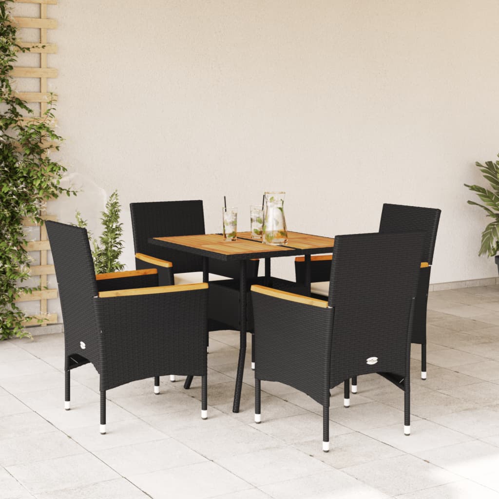 Vetonek Set de comedor jardín 5 pzas con cojines ratán PE acacia negro