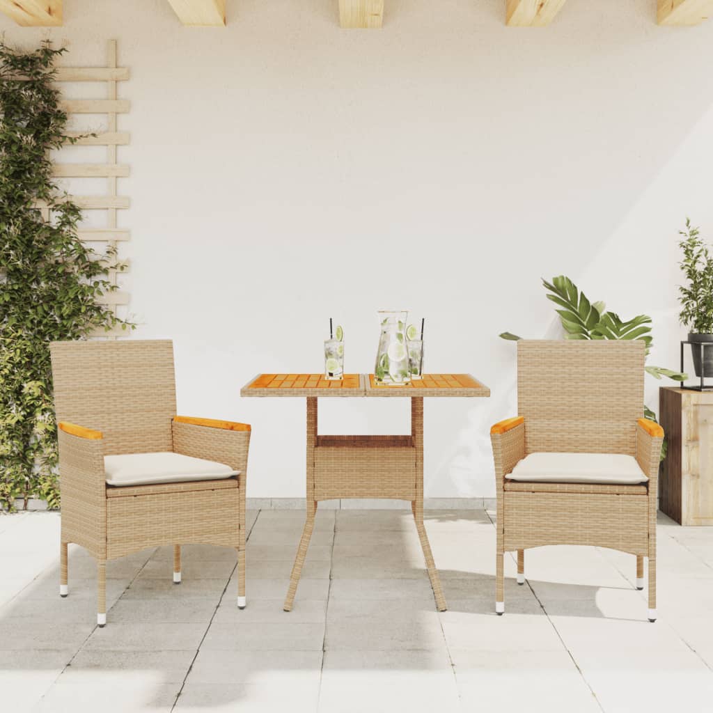 Vetonek Set de comedor jardín 3 pzas con cojines ratán PE acacia beige