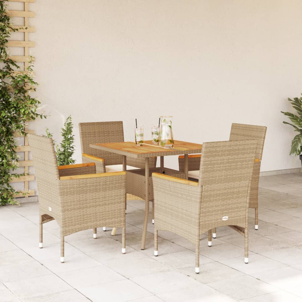 Vetonek Set de comedor jardín 5 pzas con cojines ratán PE acacia beige