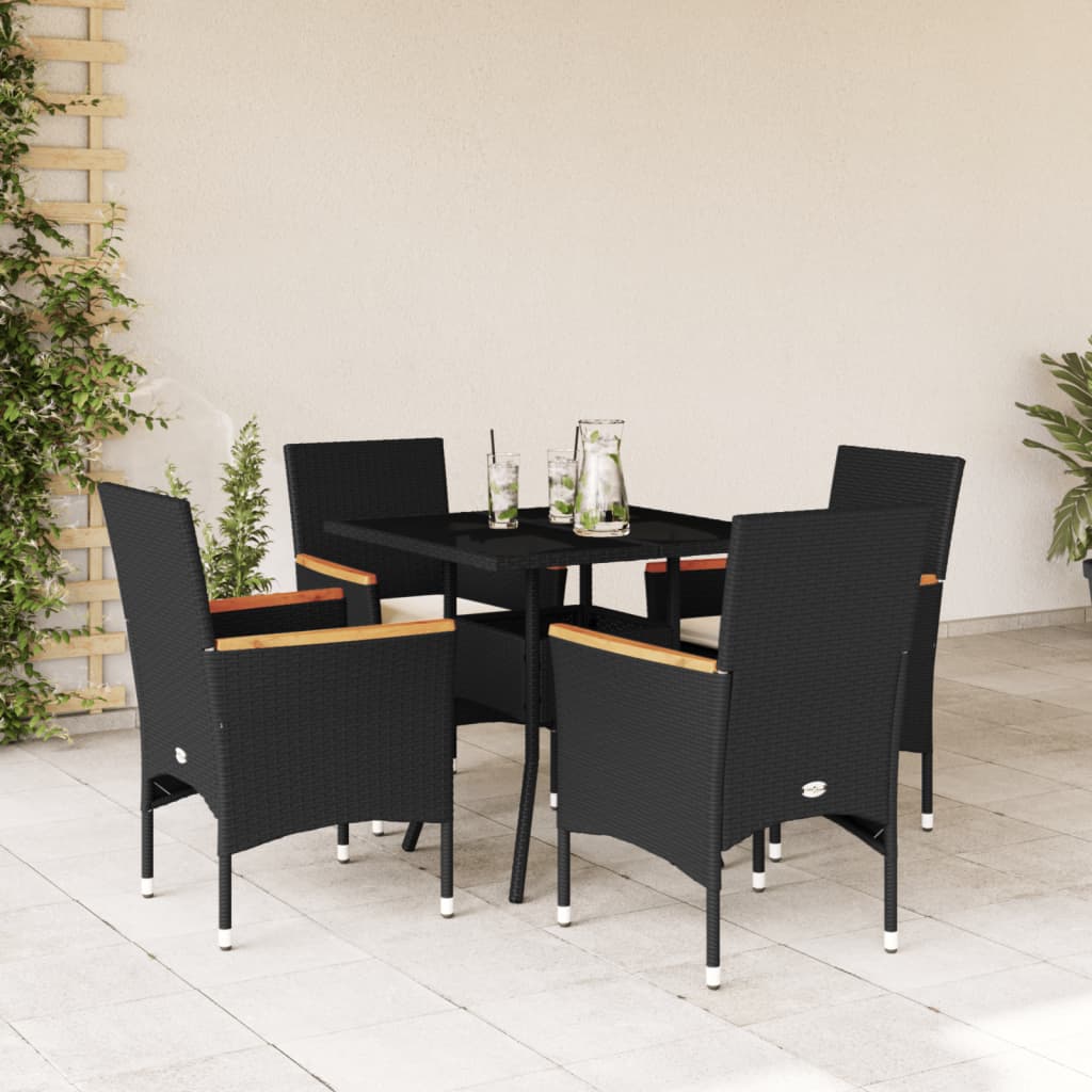 Vetonek Set comedor jardín 5 pzas cojines ratán sintético vidrio negro