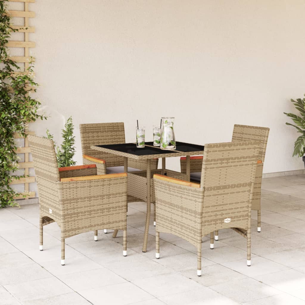 Vetonek Set comedor jardín 5 pzas cojines ratán sintético vidrio beige