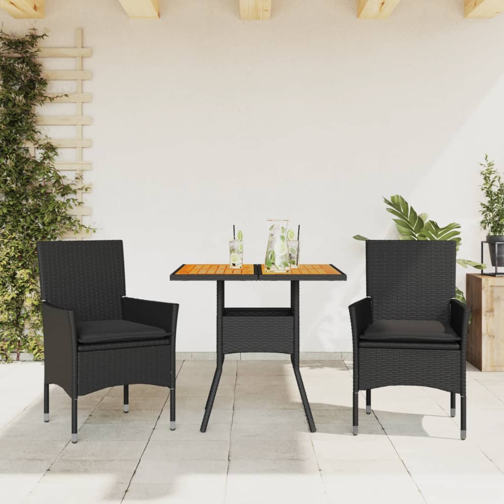 Vetonek Set de comedor jardín 3 pzas con cojines ratán PE acacia negro