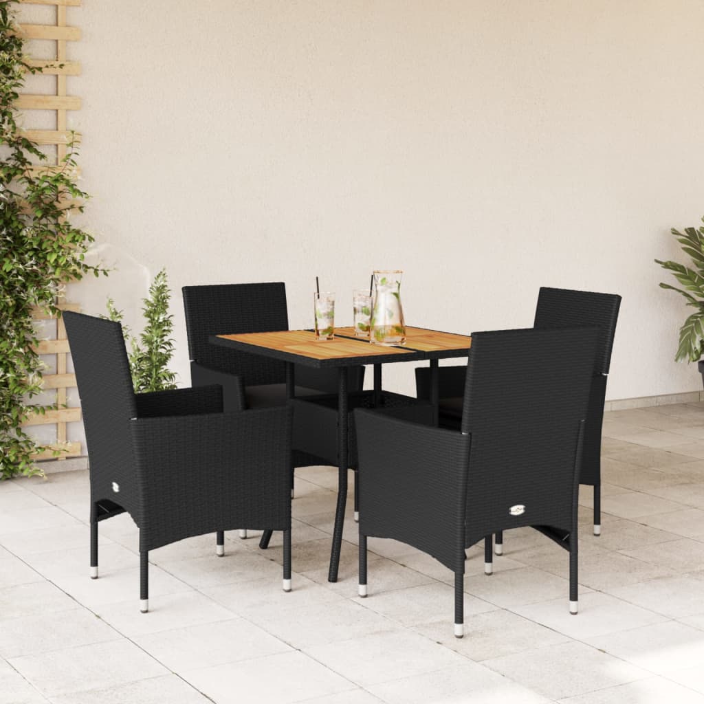 Vetonek Set de comedor jardín 5 pzas con cojines ratán PE acacia negro