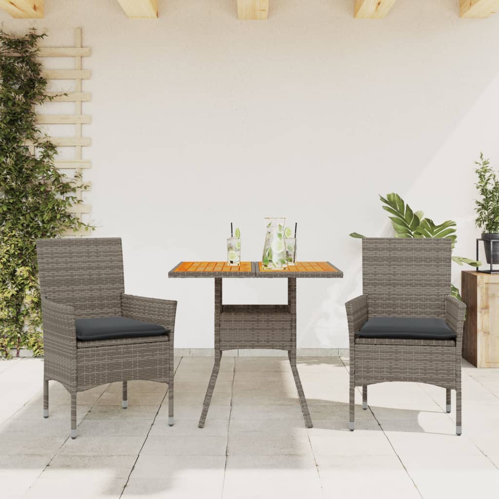 Vetonek Set de comedor jardín 3 pzas con cojines ratán PE acacia gris