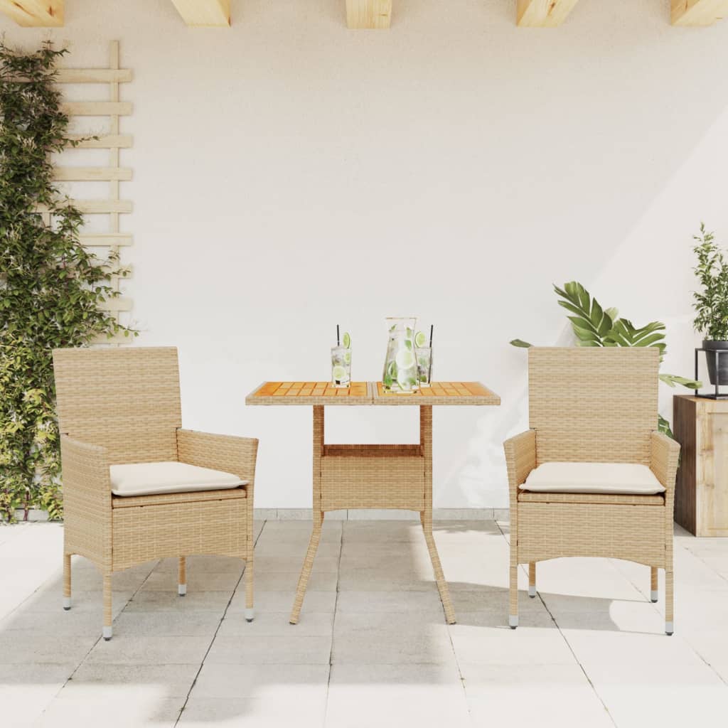 Vetonek Set de comedor jardín 3 pzas con cojines ratán PE acacia beige