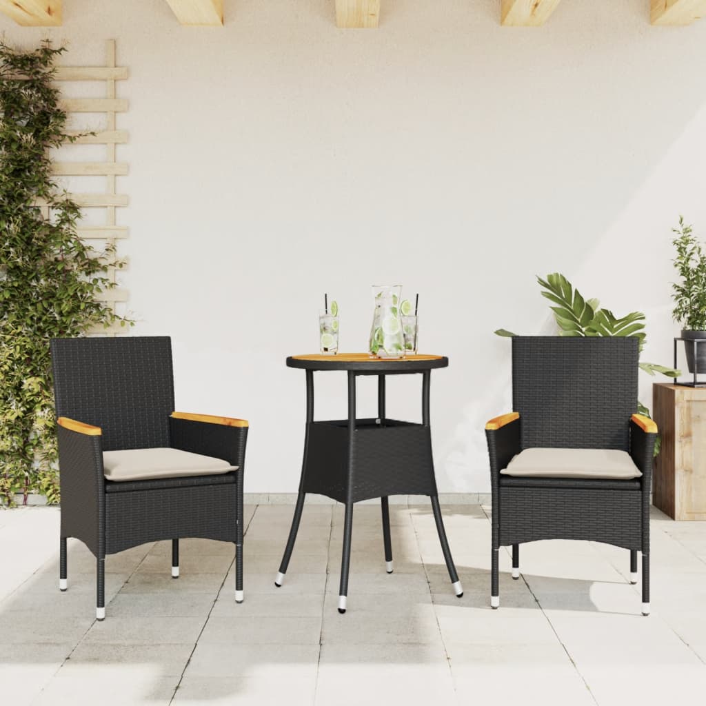 Vetonek Set de comedor jardín 3 pzas con cojines ratán PE acacia negro