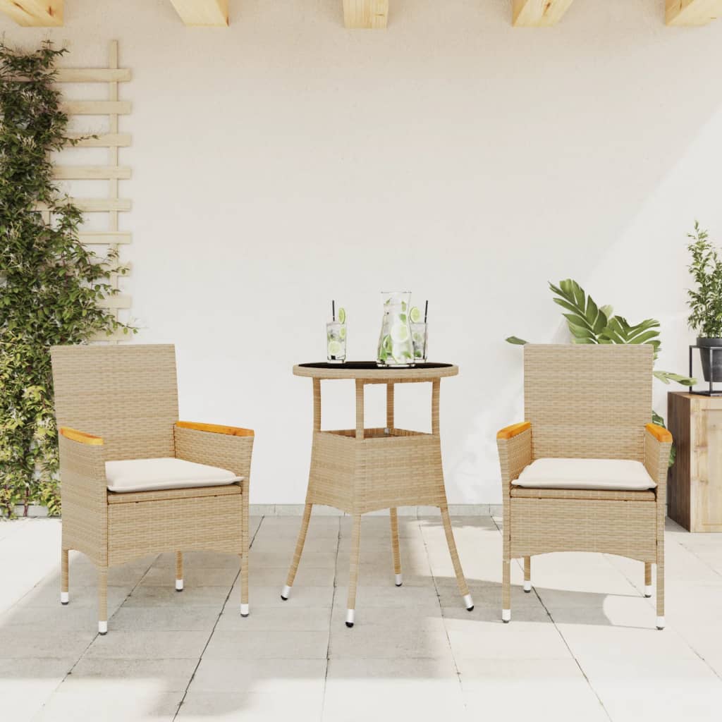 Vetonek Set comedor jardín 3 pzas cojines ratán sintético vidrio beige