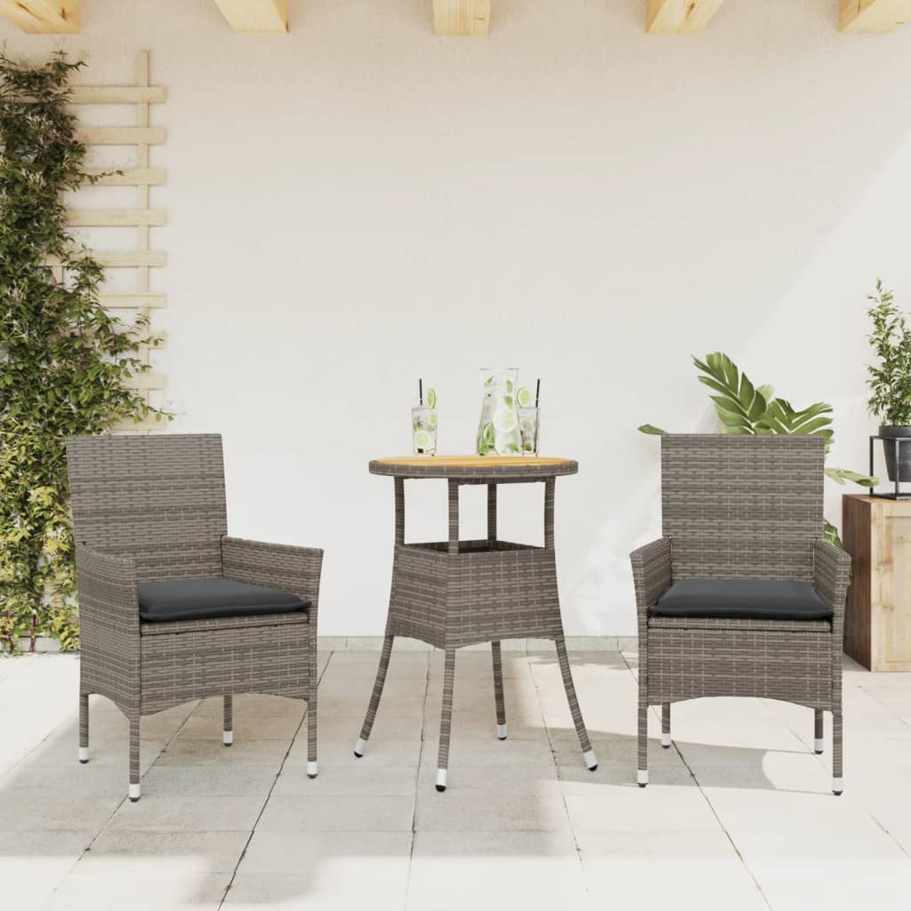 Vetonek Set de comedor jardín 3 pzas con cojines ratán PE acacia gris