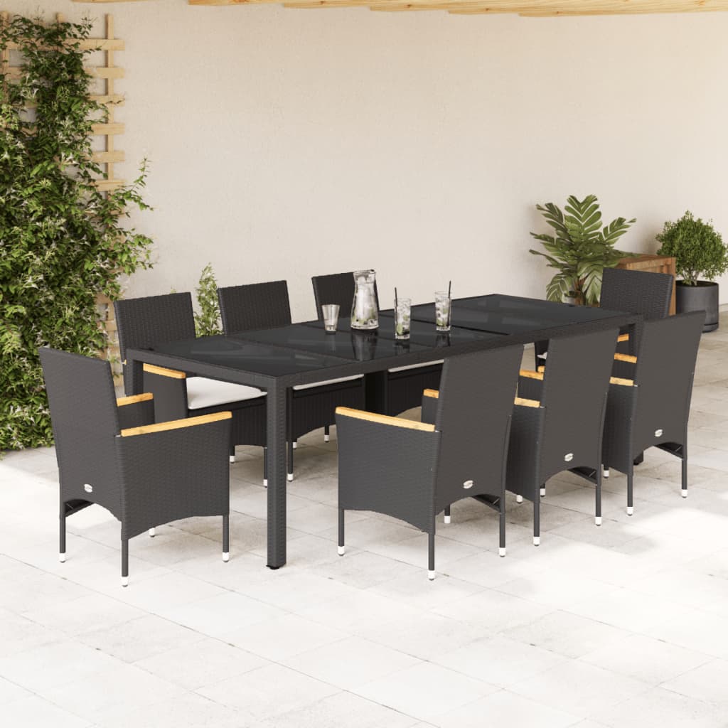 Vetonek Set comedor jardín 9 pzas cojines ratán sintético vidrio negro