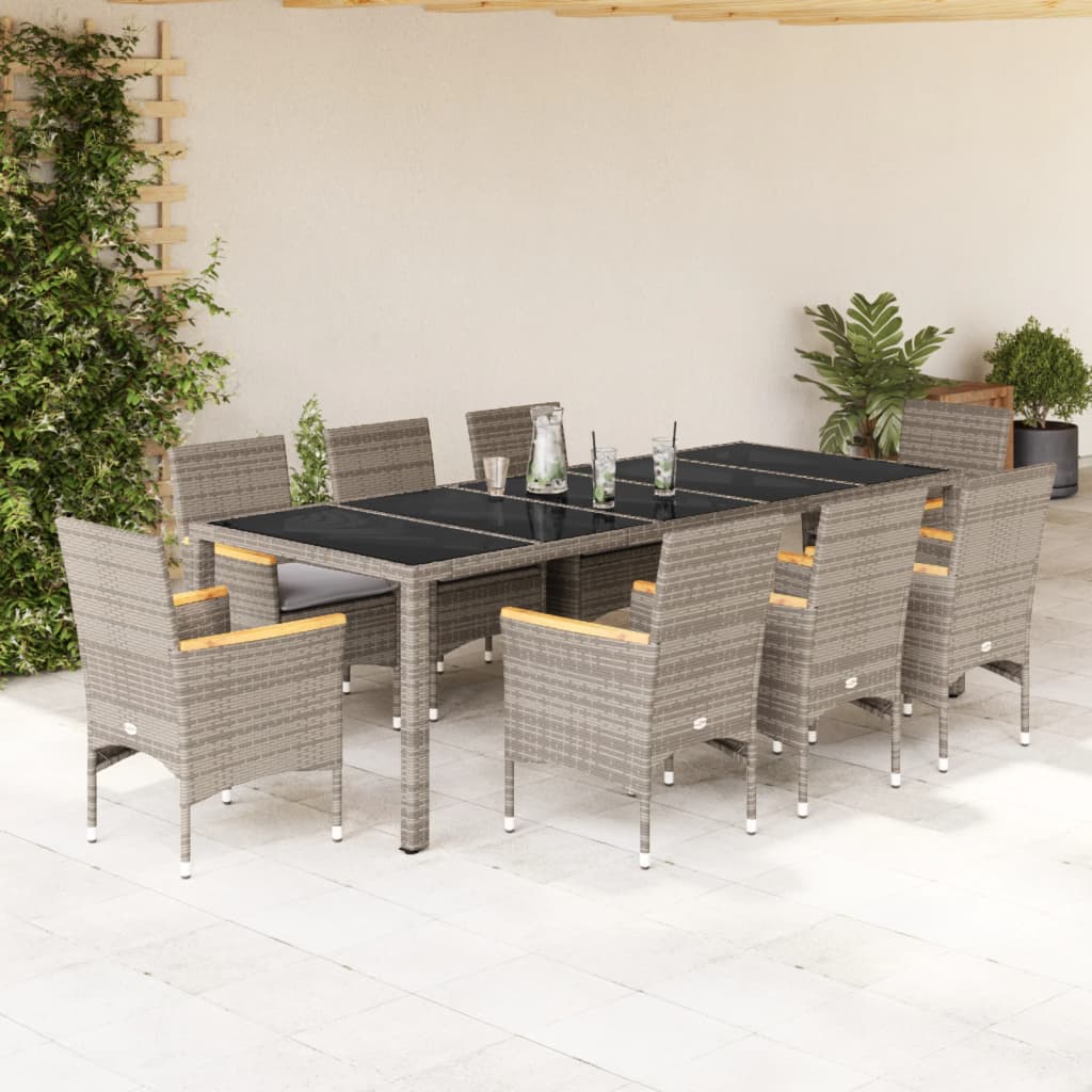 Vetonek Set comedor jardín 9 pzas y cojines ratán sintético vidrio gris