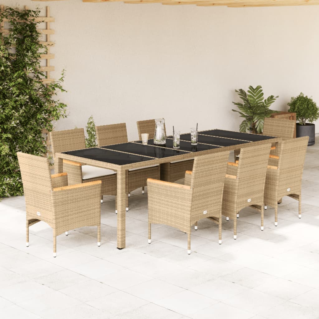 Vetonek Set comedor jardín 9 pzas cojines ratán sintético vidrio beige