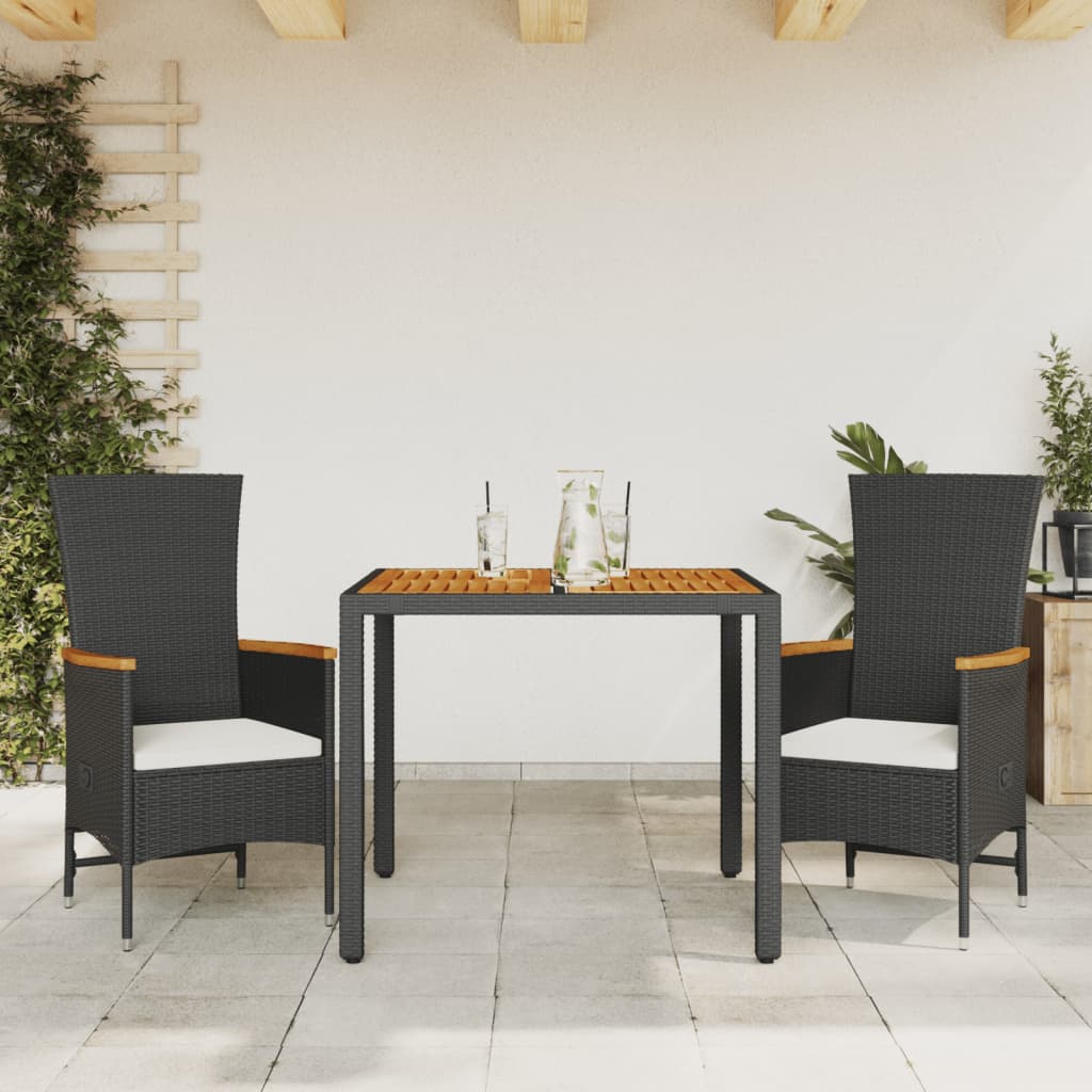 Vetonek Set comedor de jardín 3 pzas con cojines ratán sintético negro