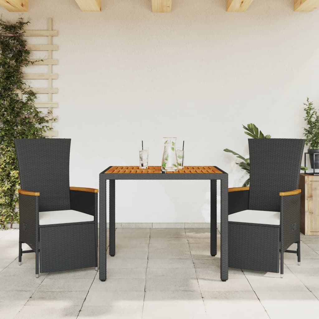 Vetonek Set comedor de jardín 3 pzas con cojines ratán sintético negro