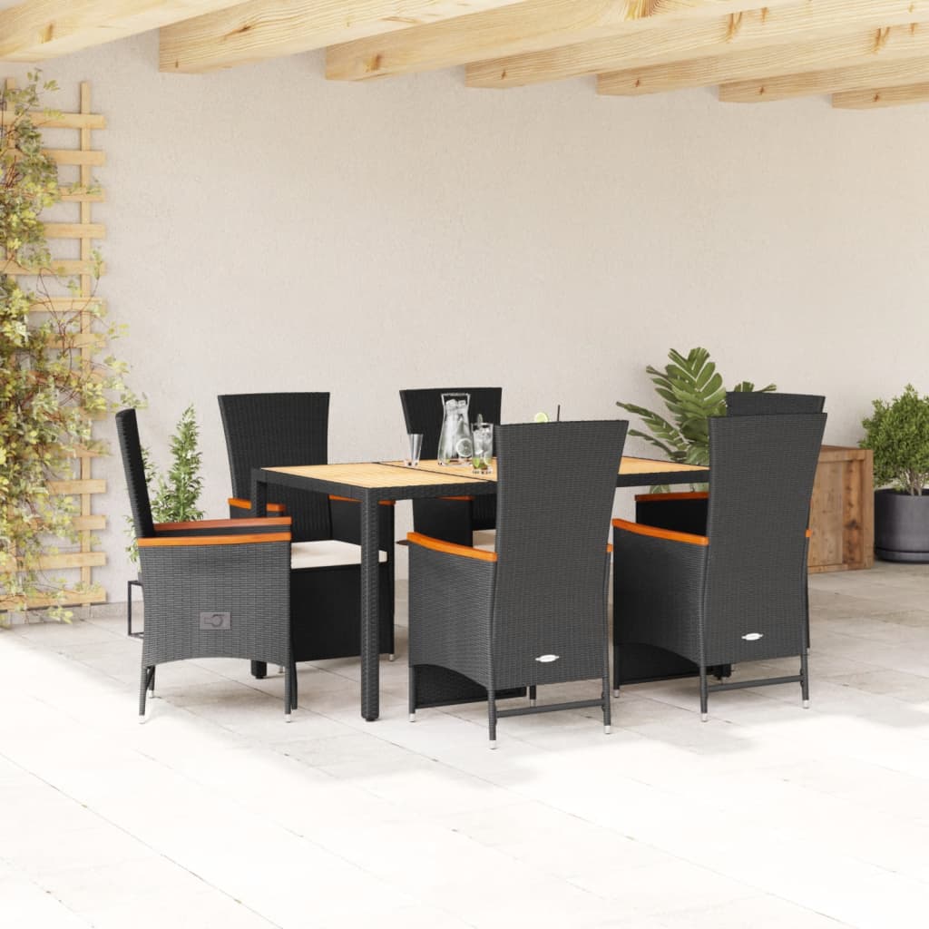 Vetonek Set de comedor de jardín 7 pzas y cojines ratán sintético negro