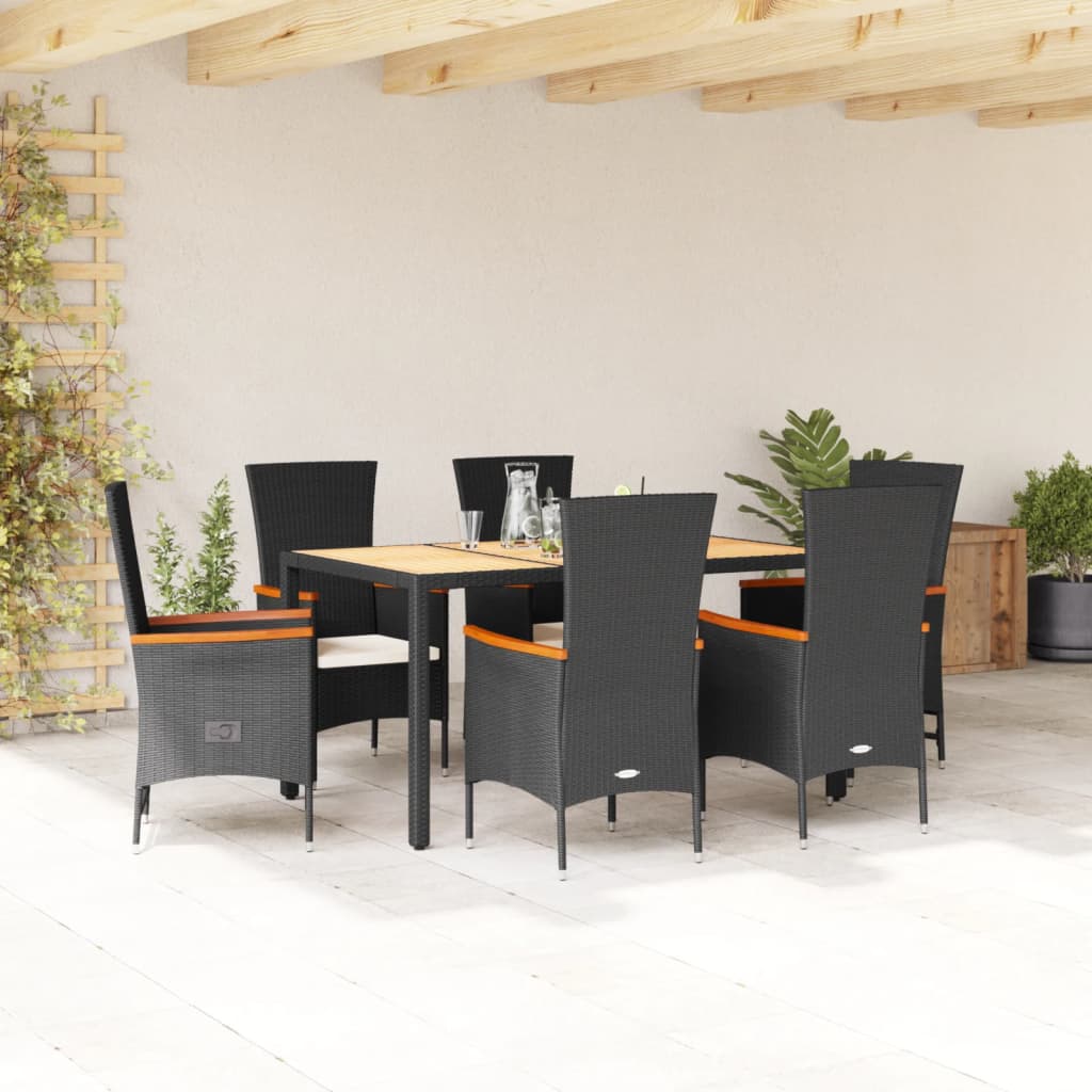 Vetonek Set de comedor de jardín 7 pzas y cojines ratán sintético negro