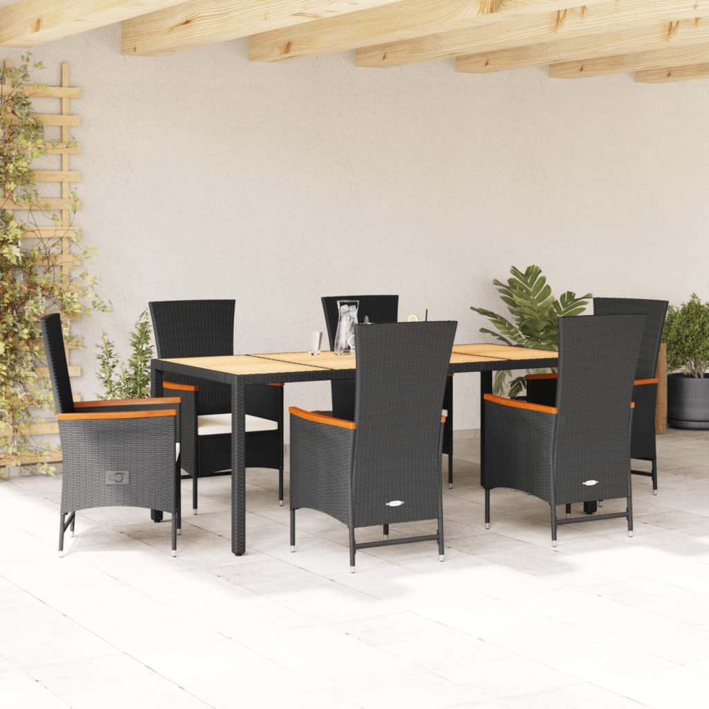 Vetonek Set de comedor de jardín 7 pzas y cojines ratán sintético negro