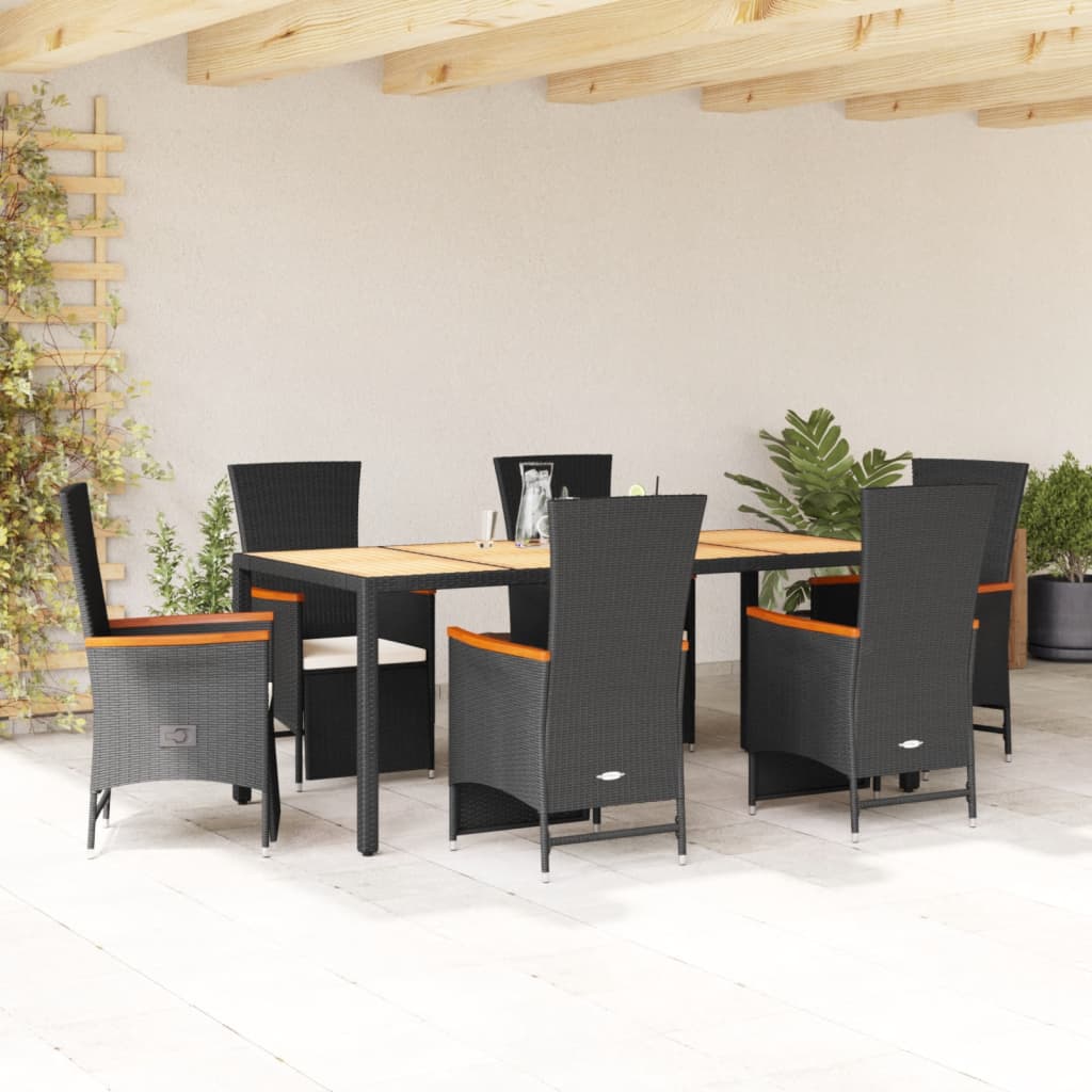 Vetonek Set de comedor de jardín 7 pzas y cojines ratán sintético negro