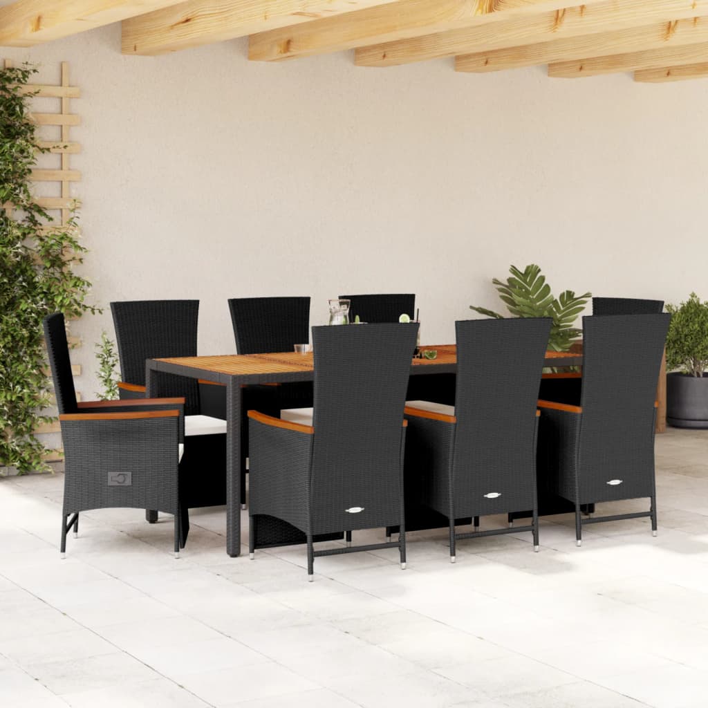 Vetonek Set de comedor de jardín 9 pzas y cojines ratán sintético negro