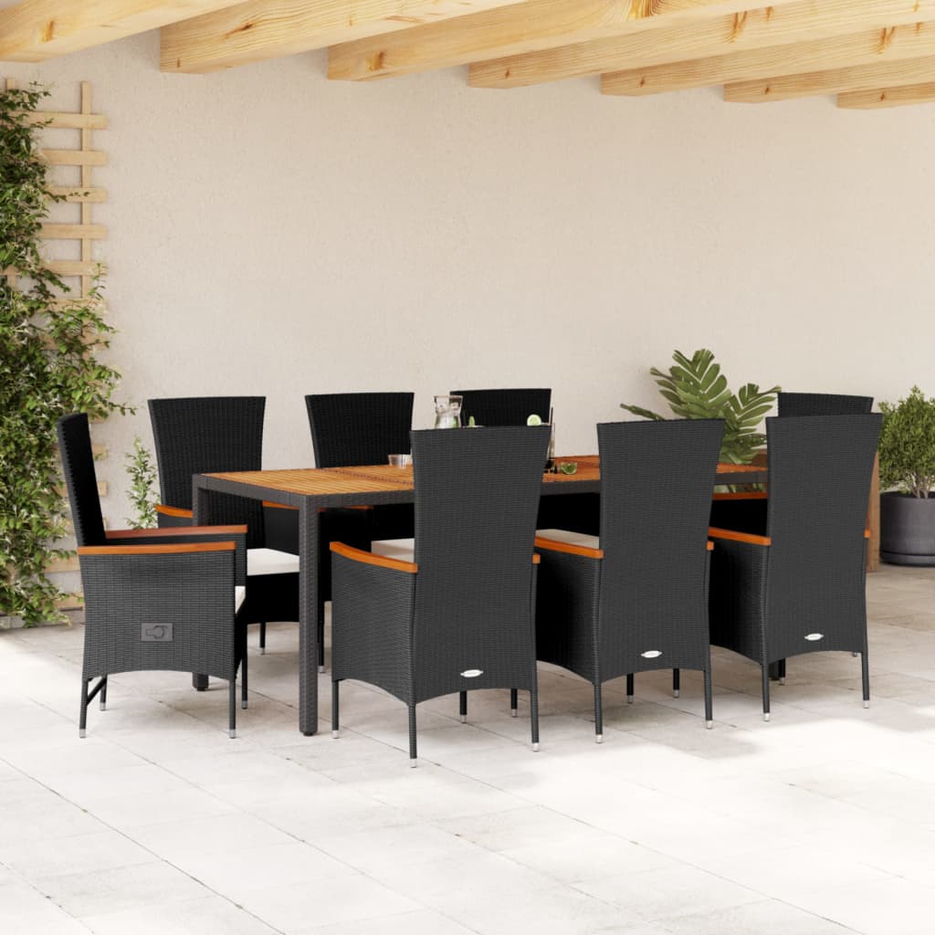 Vetonek Set de comedor de jardín 9 pzas y cojines ratán sintético negro