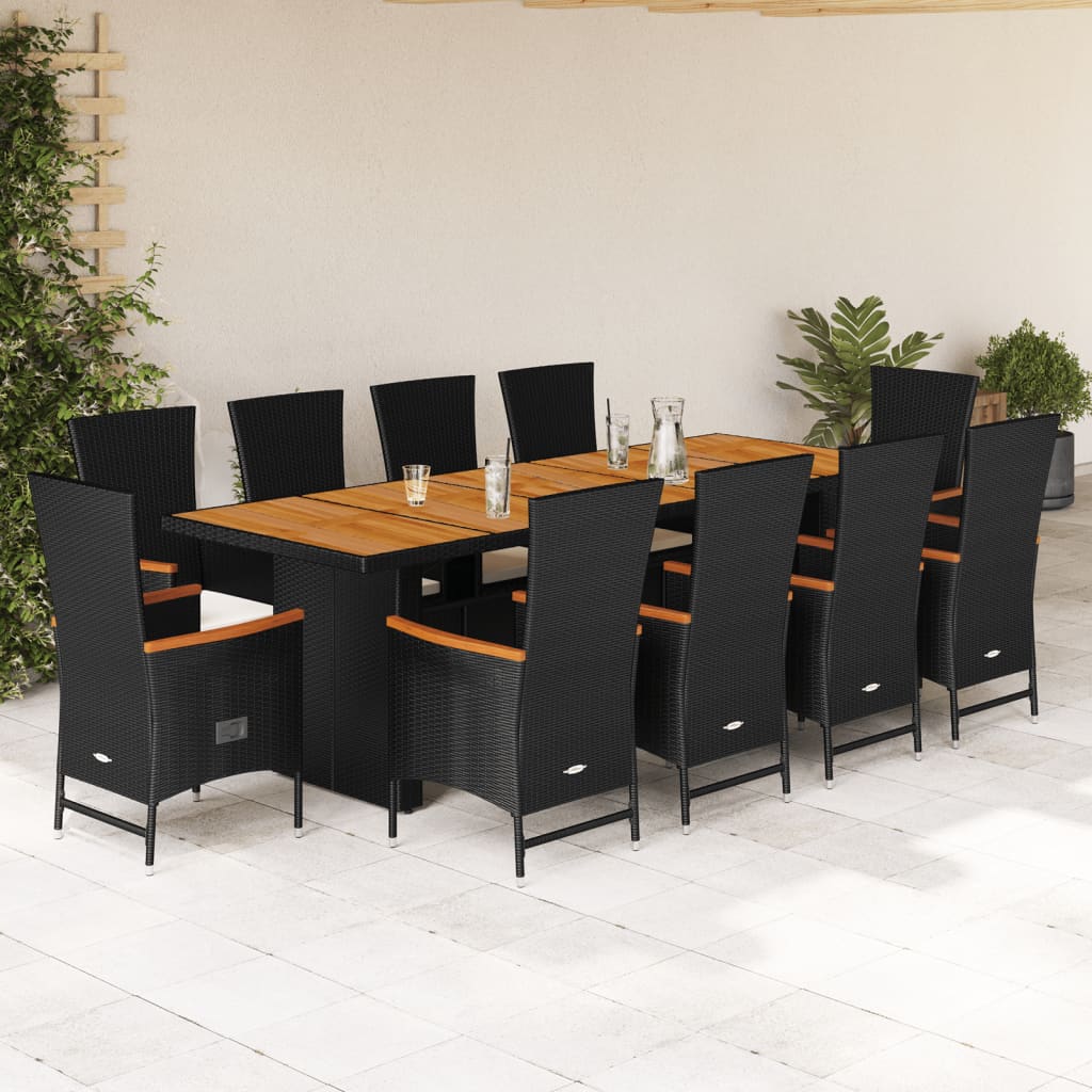 Vetonek Set de comedor jardín 11 pzas con cojines ratán sintético negro