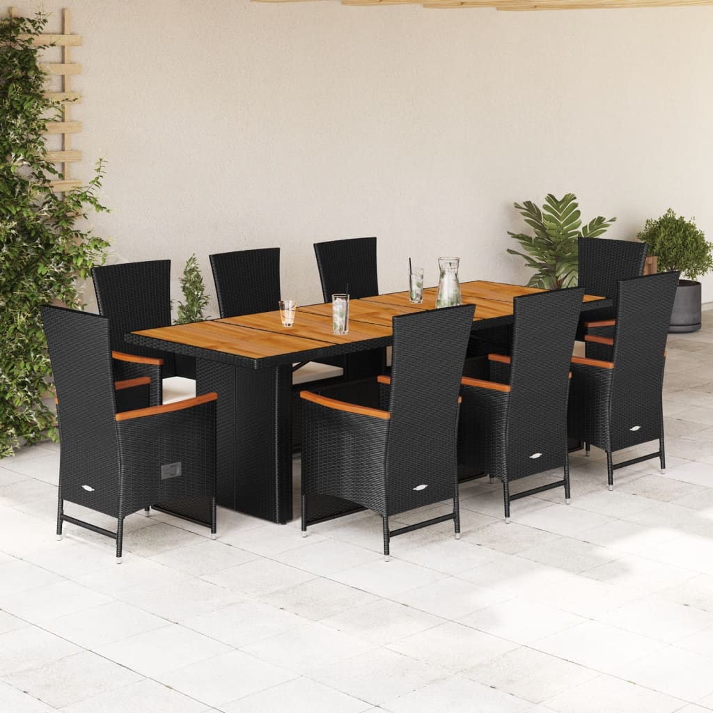 Vetonek Set de comedor de jardín 9 pzas y cojines ratán sintético negro