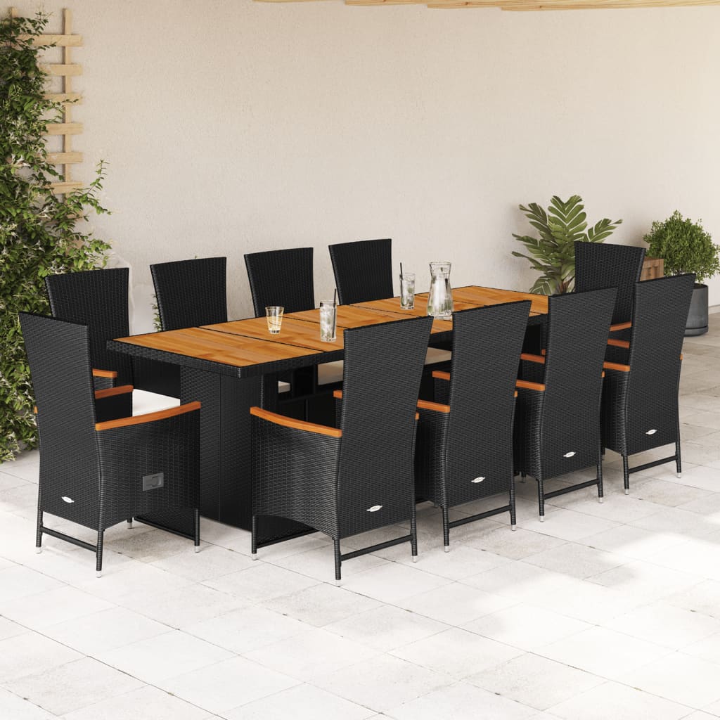 Vetonek Set de comedor jardín 11 pzas con cojines ratán sintético negro