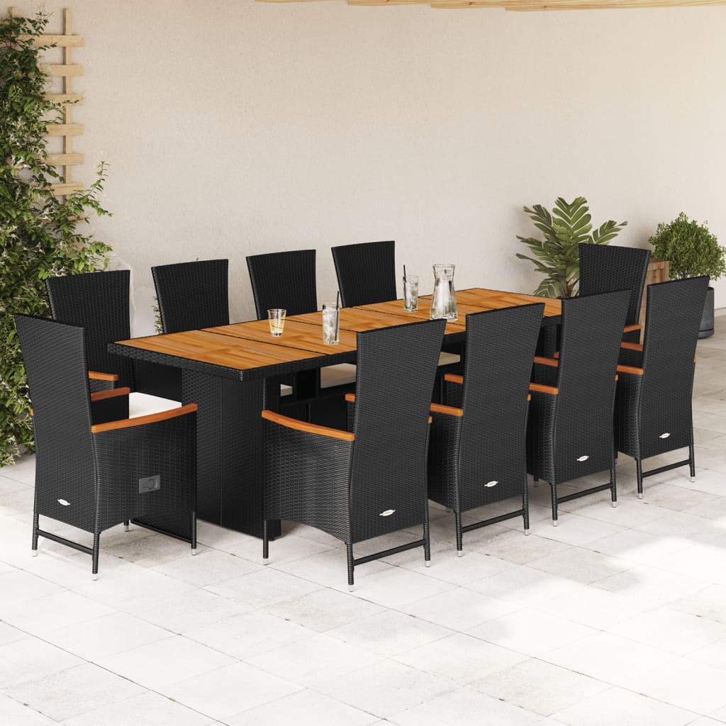 Vetonek Set de comedor jardín 11 pzas con cojines ratán sintético negro