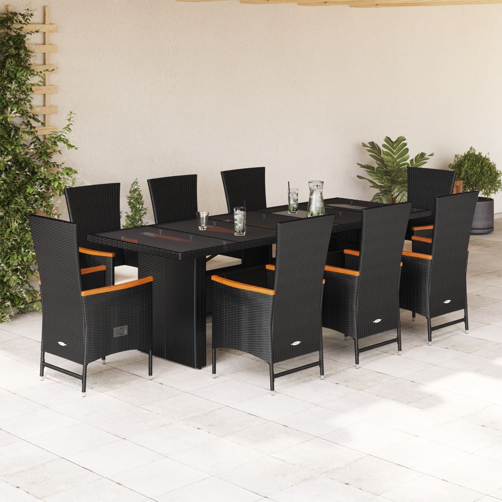 Vetonek Set de comedor de jardín 9 pzas y cojines ratán sintético negro