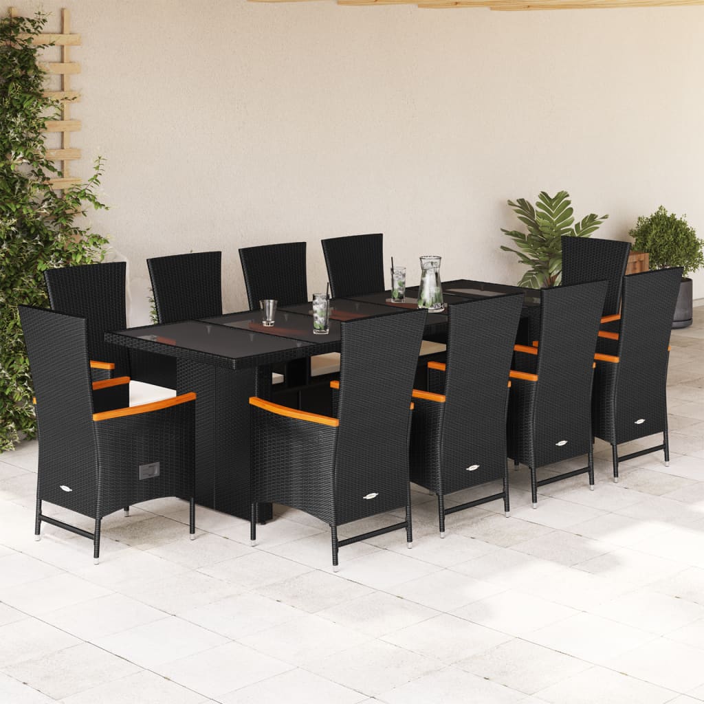 Vetonek Set de comedor jardín 11 pzas con cojines ratán sintético negro