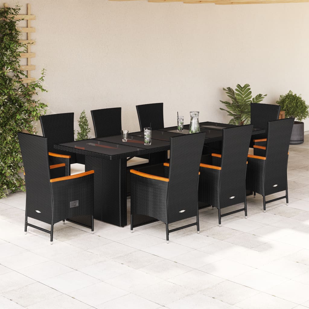 Vetonek Set de comedor de jardín 9 pzas y cojines ratán sintético negro