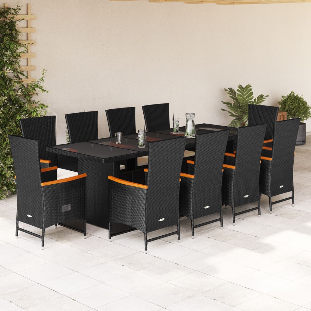 Vetonek Set de comedor jardín 11 pzas con cojines ratán sintético negro