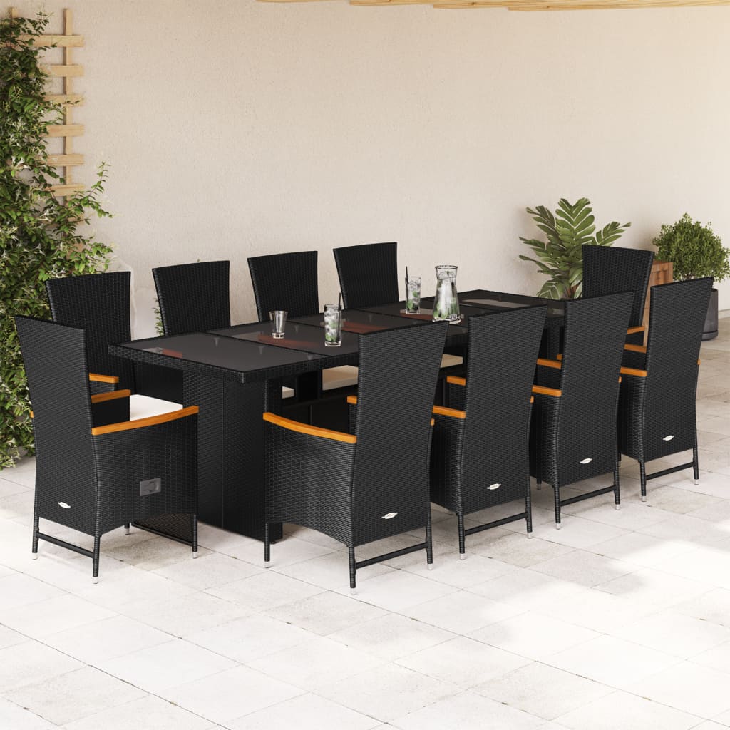 Vetonek Set de comedor jardín 11 pzas con cojines ratán sintético negro