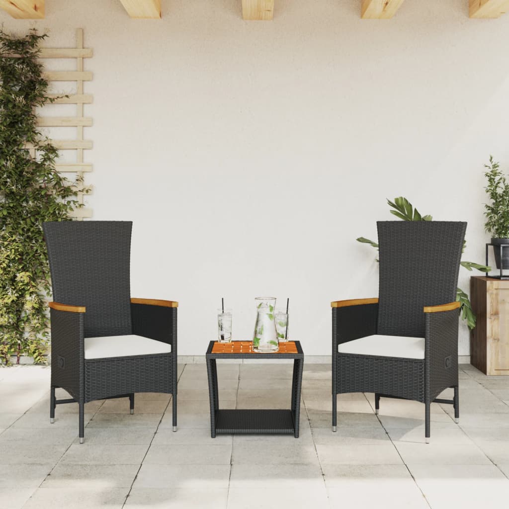 Vetonek Set comedor de jardín 3 pzas con cojines ratán sintético negro