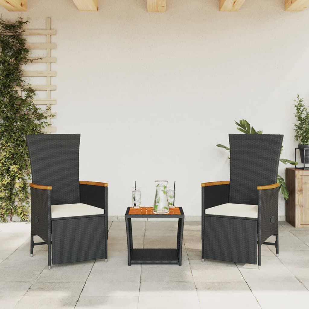 Vetonek Set comedor de jardín 3 pzas con cojines ratán sintético negro