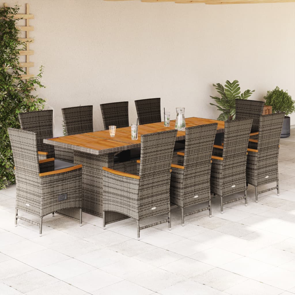 Vetonek Set de comedor de jardín 11 pzas y cojines ratán sintético gris