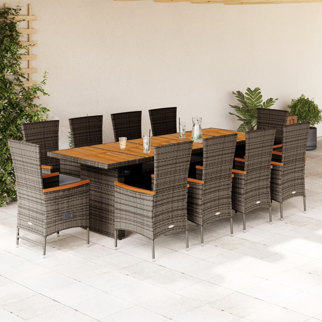 Vetonek Set de comedor de jardín 11 pzas y cojines ratán sintético gris