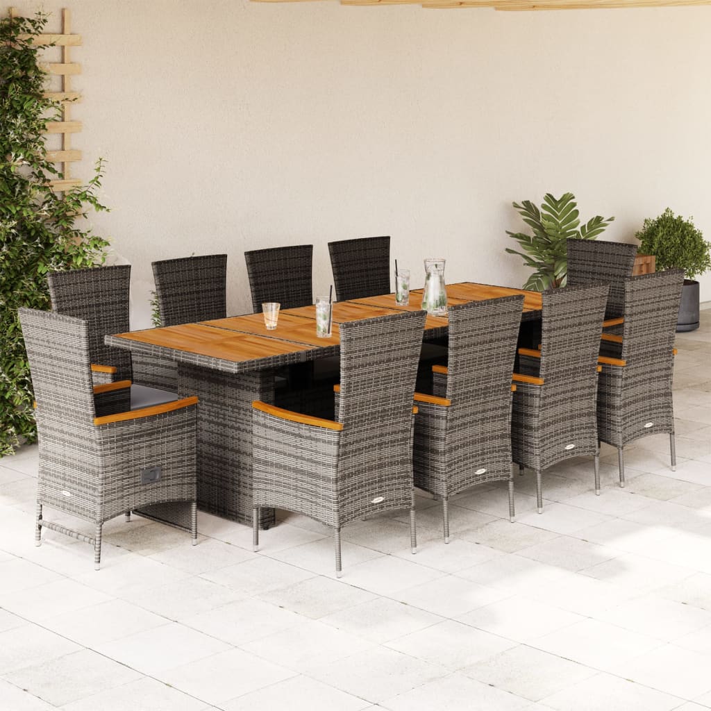 Vetonek Set de comedor de jardín 11 pzas y cojines ratán sintético gris