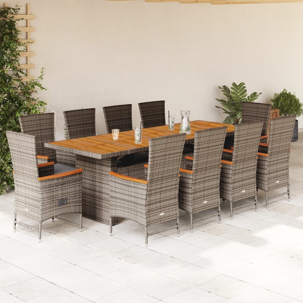 Vetonek Set de comedor de jardín 11 pzas y cojines ratán sintético gris