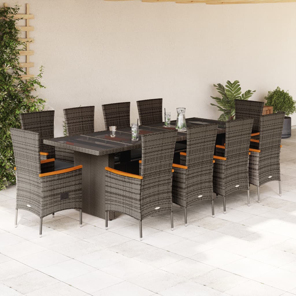 Vetonek Set de comedor de jardín 11 pzas y cojines ratán sintético gris