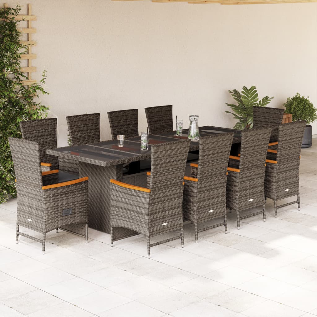 Vetonek Set de comedor de jardín 11 pzas y cojines ratán sintético gris