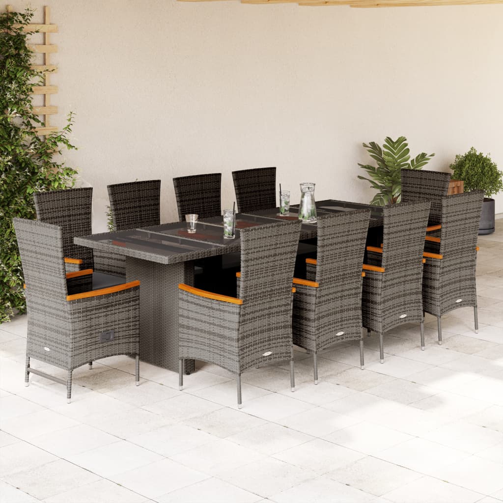 Vetonek Set de comedor de jardín 11 pzas y cojines ratán sintético gris