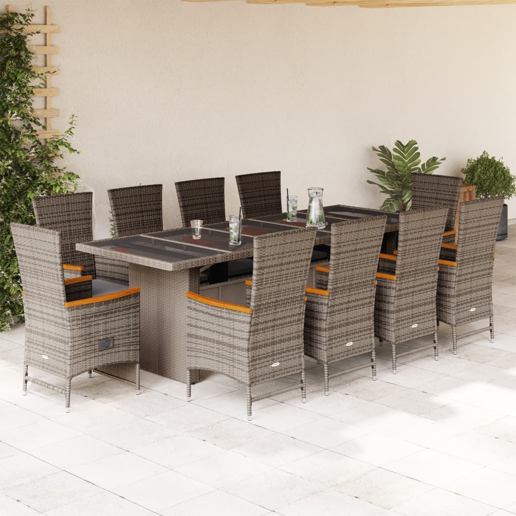 Vetonek Set de comedor de jardín 11 pzas y cojines ratán sintético gris