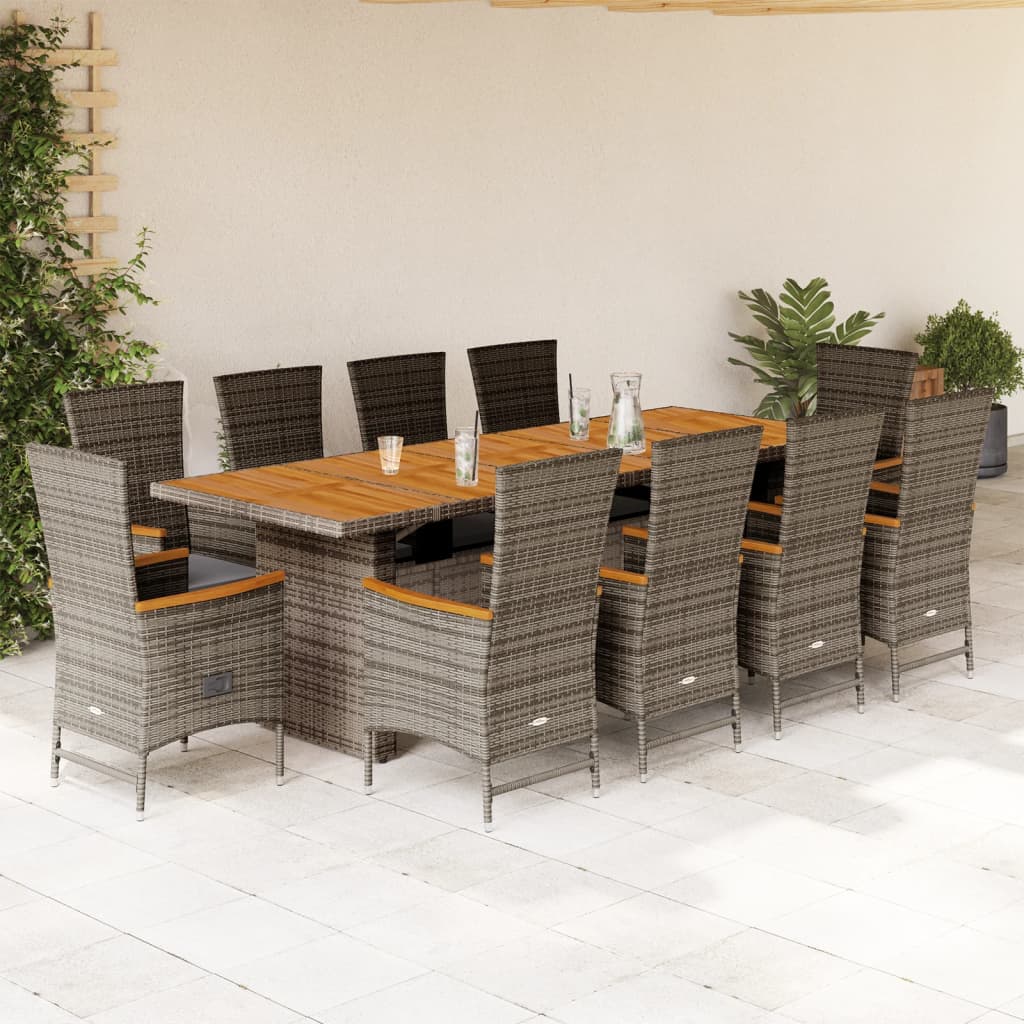 Vetonek Set de comedor de jardín 11 pzas y cojines ratán sintético gris