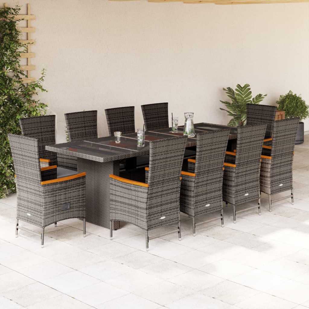 Vetonek Set de comedor de jardín 11 pzas y cojines ratán sintético gris