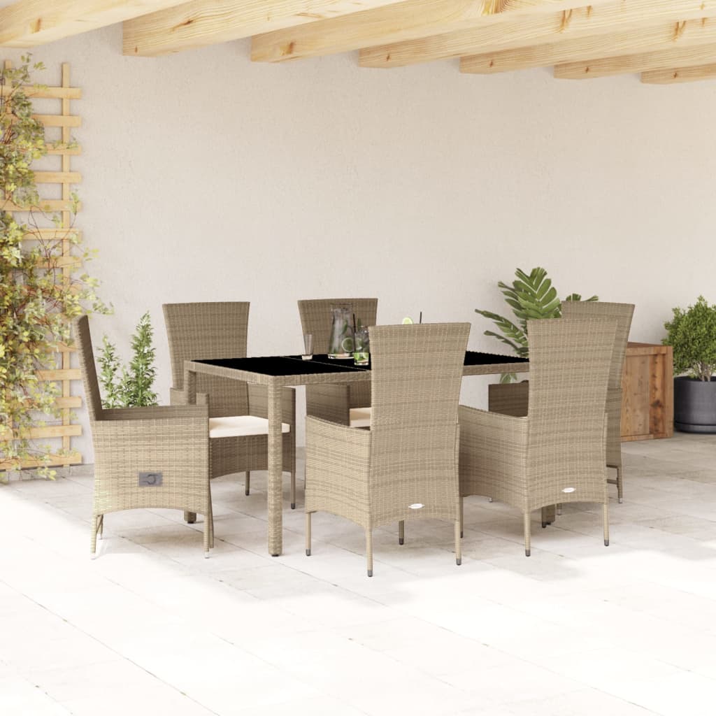 Vetonek Set comedor de jardín 7 pzas con cojines ratán sintético beige