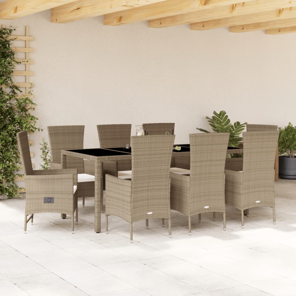 Vetonek Set comedor de jardín 9 pzas con cojines ratán sintético beige